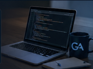 Laptop con código y taza con monograma GA